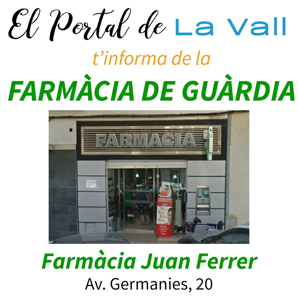 Hui 4/5/2023 la farmàcia de guàrdia és:

Farmàcia Juan Ferrer Llusar
Av. Germanies, 20
Tavernes de la Valldigna

👉 Consulta la farmàcia de guàrdia sempre que la necessites a la nostra web: elportaldelavall.es/farmacia-de-gu…