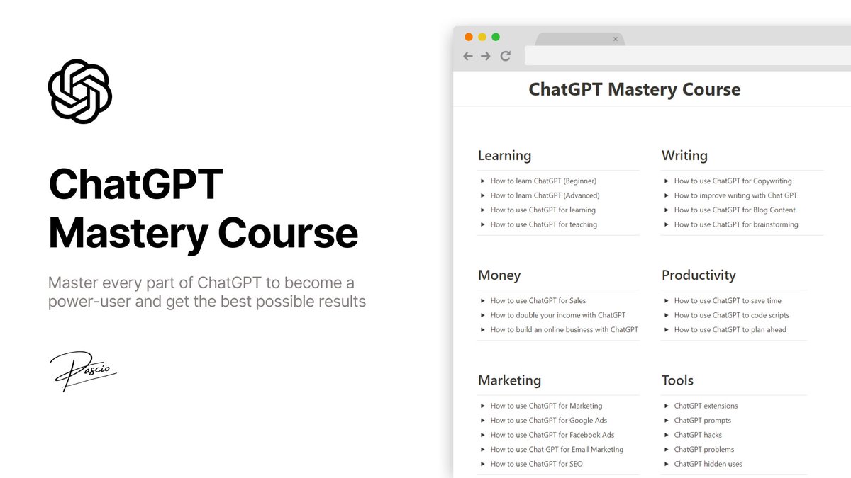 IAmPascio's tweet image. ChatGPT is a FREE assistant
But 97% still don’t know how to use it
So I built ChatGPT Mastery Course
59 videos & 16 hours of video content
Easily worth $1000s, but for the next 24 hrs, it’s FREE!
To get it:
1. Follow me @iampascio
2. Like & RT this tweet
3. Reply "SEND"