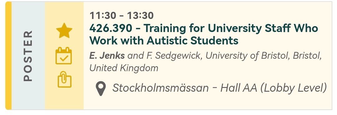 For anyone here at #INSAR2023, come say hi to me during Friday's poster session! I'm presenting a poster on training university staff to support autistic students.