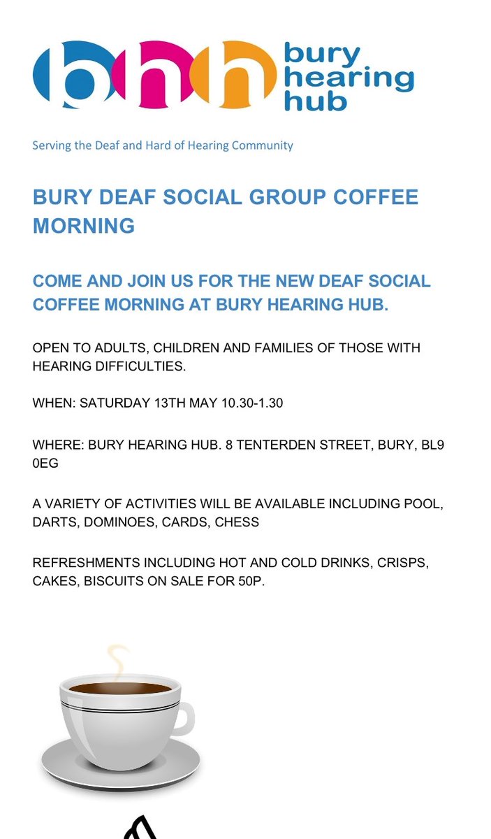 older_team's tweet photo. New Bury Deaf Social coffee morning on Saturday 13th May 10.30-1.30 at @BuryHearingHub  . 

It’s open to everyone of all ages and family members of those with hearing difficulties. https://t.co/ge9Z7YNijF