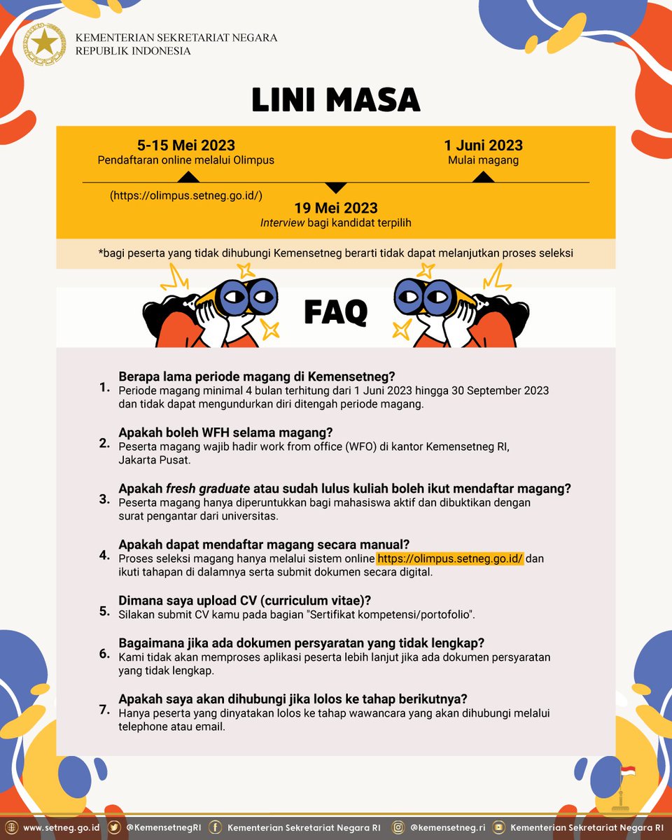 1. Hi #SobatSetneg👋🏻!
Program Magang Humas Kemensetneg udah dibuka lagi, nih. Bagi #SobatSetneg yang ingin mengembangkan kreativitas dan menggali  pengalaman di lembaga kepresidenan tunggu apalagi? Yuk daftar sekarang. 😍