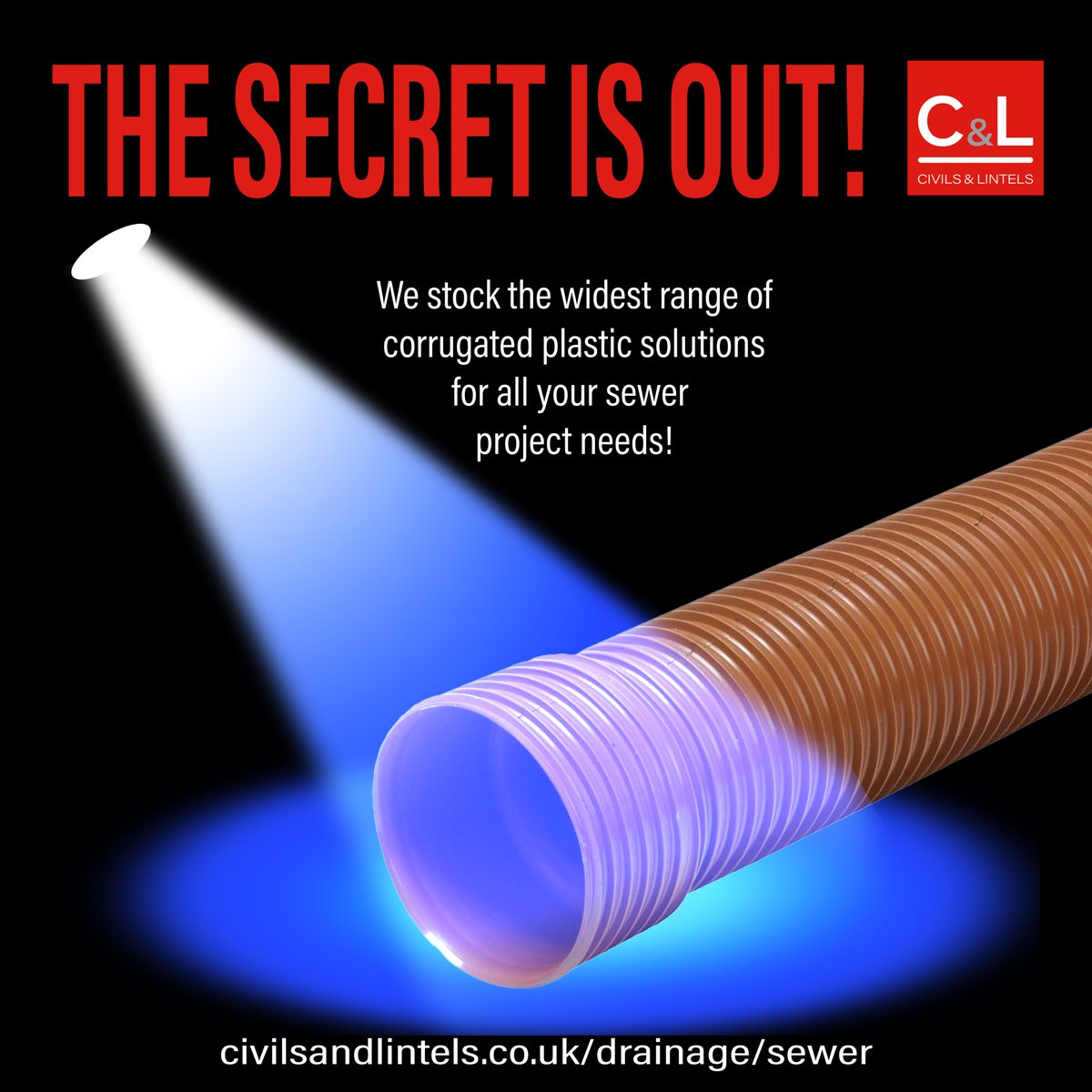 *THE SECRET IS OUT!*

✅ We stock the complete range of 150mm – 300mm diameter PVCu Corrugated sewer pipes and fittings!
✅ Our solutions are in stock and available at all of our nationwide network of depots

civilsandlintels.co.uk/drainage/sewer