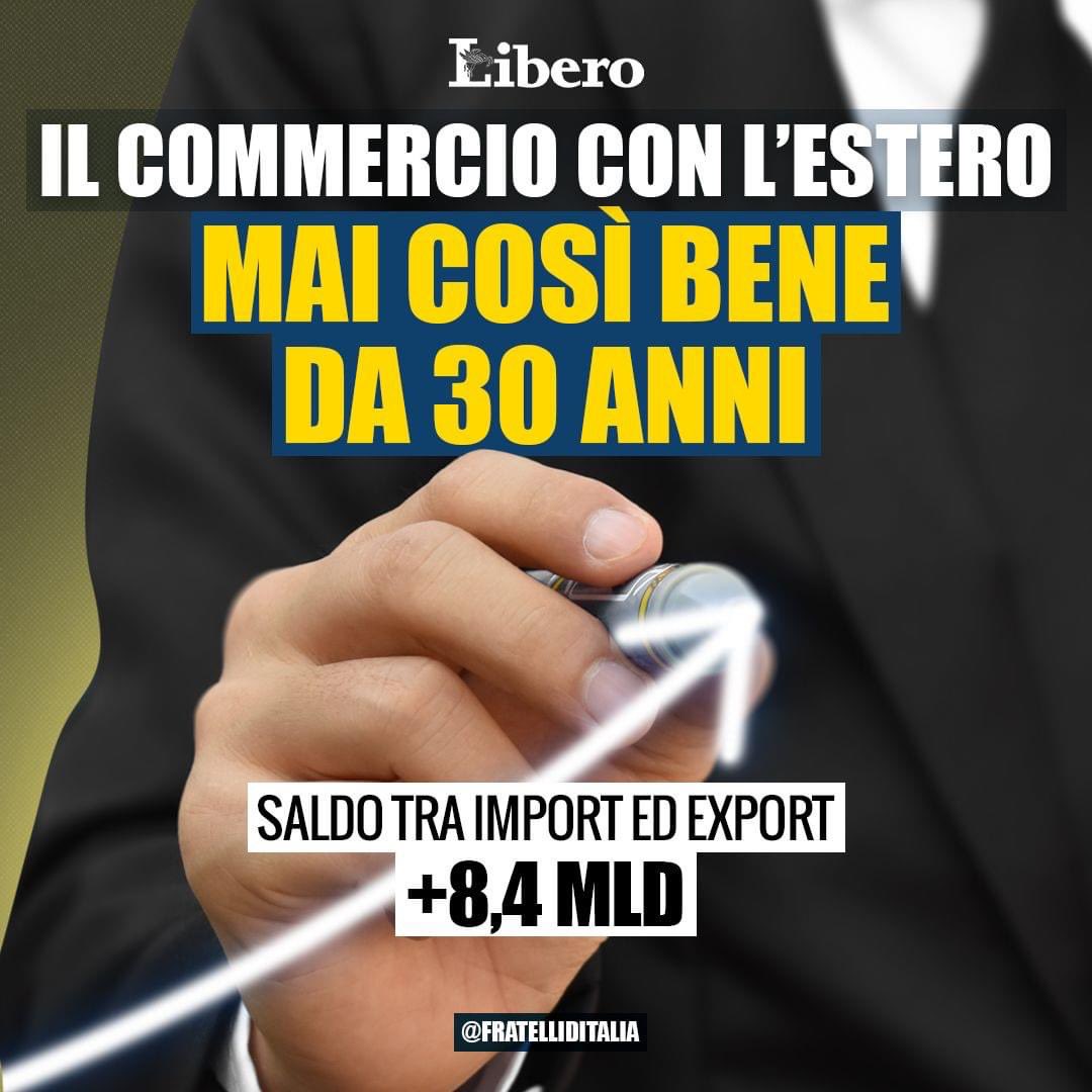 🔵 Con il Governo Meloni, il commercio con l’estero extra Ue sta conoscendo un crescente successo. Il dato registrato a marzo è il più alto da oltre trenta anni, merito delle politiche di questo esecutivo che mirano a promuovere e tutelare l’eccellenza Made in Italy.