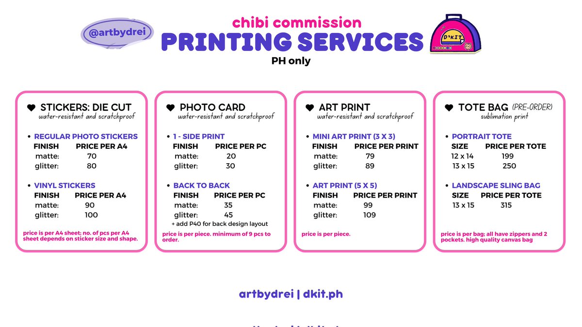 dreiruiz_'s tweet photo. add-ons for your commission ✨️
turn your custom art into stickers, photocards, art prints, and tote bags 💜 

available for PH commissions only 💕

https://t.co/df9rC3doxp https://t.co/sea0r3Fd9x