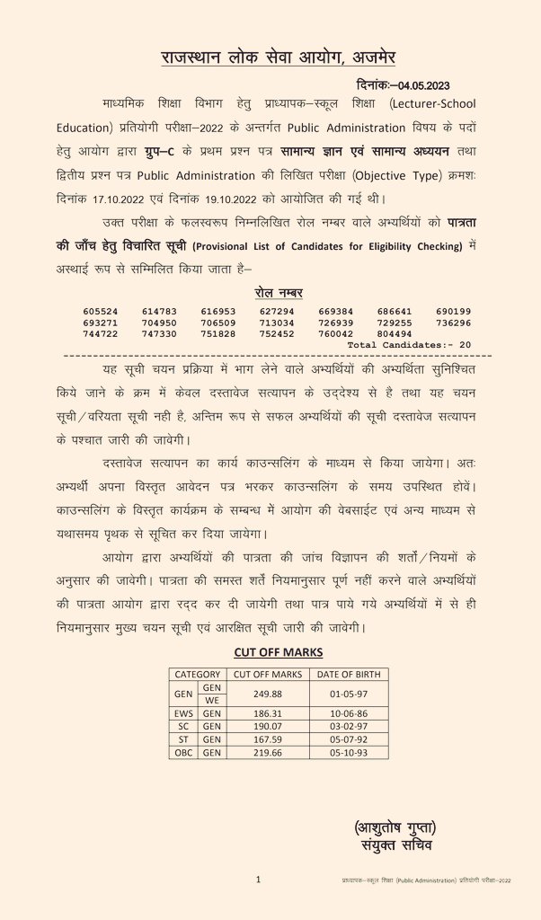 nk_rajoria's tweet image. Provisional List of Candidates for Eligibility Checking and Cut off Marks for School Lecturer (School Edu.)- 2022 (PUBLIC ADMIN.)
#RPSC_RESULT
@RPSC1 @TheUpenYadav