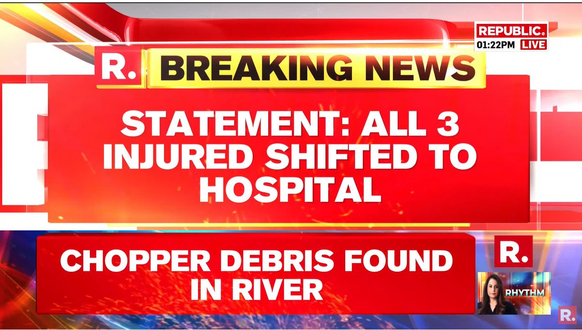 republic's tweet photo. #BREAKING | Army releases statement on Kishtwar chopper crash. Says, 'All 3 injured shifted to hospital.'
#JammuKashmir
#ArmyChopper #Kishtwar
#ChopperCrash
https://t.co/BTUeHqfYA4 https://t.co/fgh7e32TNo