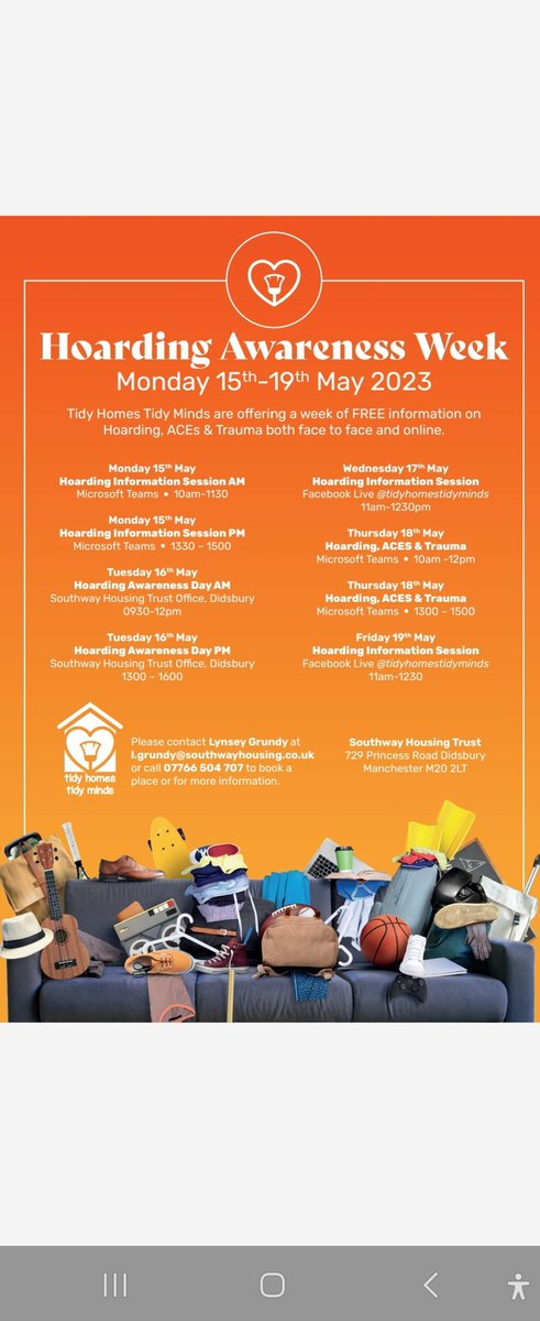 15/05/23 is Hoarding Awareness Week. THTM have put together a week of FREE information sessions via Teams, Facebook and Face 2 Face. check out the flyer below and if you are interested drop me an email, text or message for more information.