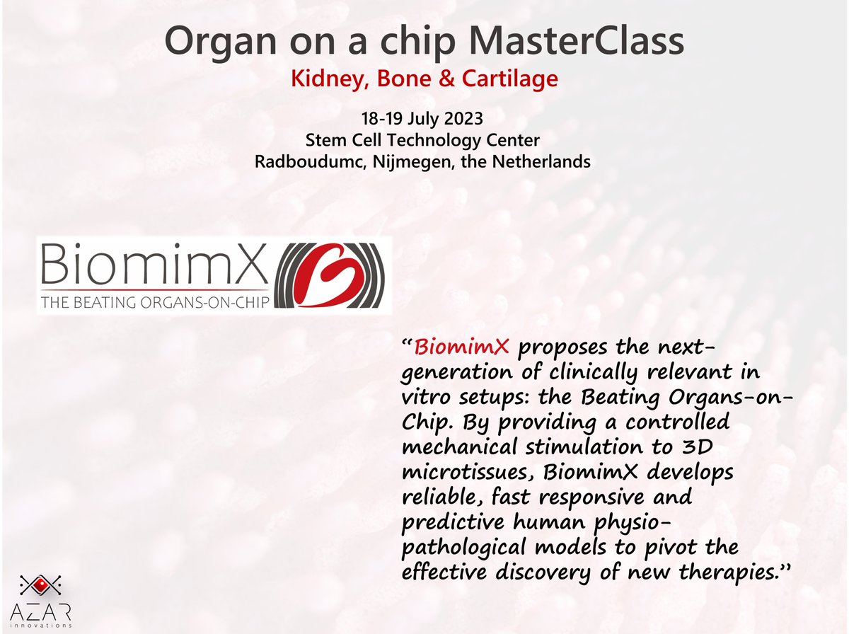 AzarInnovations's tweet photo. A "Beating" tissue; Join us in our Organ on a chip MasterClasses to see the cool technologies from @BiomimX: https://t.co/0aibqjCuxl
Join our introduction webinar: https://t.co/PujyqX9Ejt
@radboudumc
#OrganOnAChip #MicrophysiologicalSystem #CKD #Osteoarthritis #HandsOn #Training https://t.co/9JtLbgAtMn