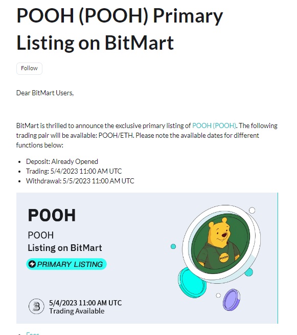 $POOH is exclusively listed at <a href="/BitMartExchange/">BitMart</a> today! #hypemytoken

Details: support.bitmart.com/hc/en-us/artic…