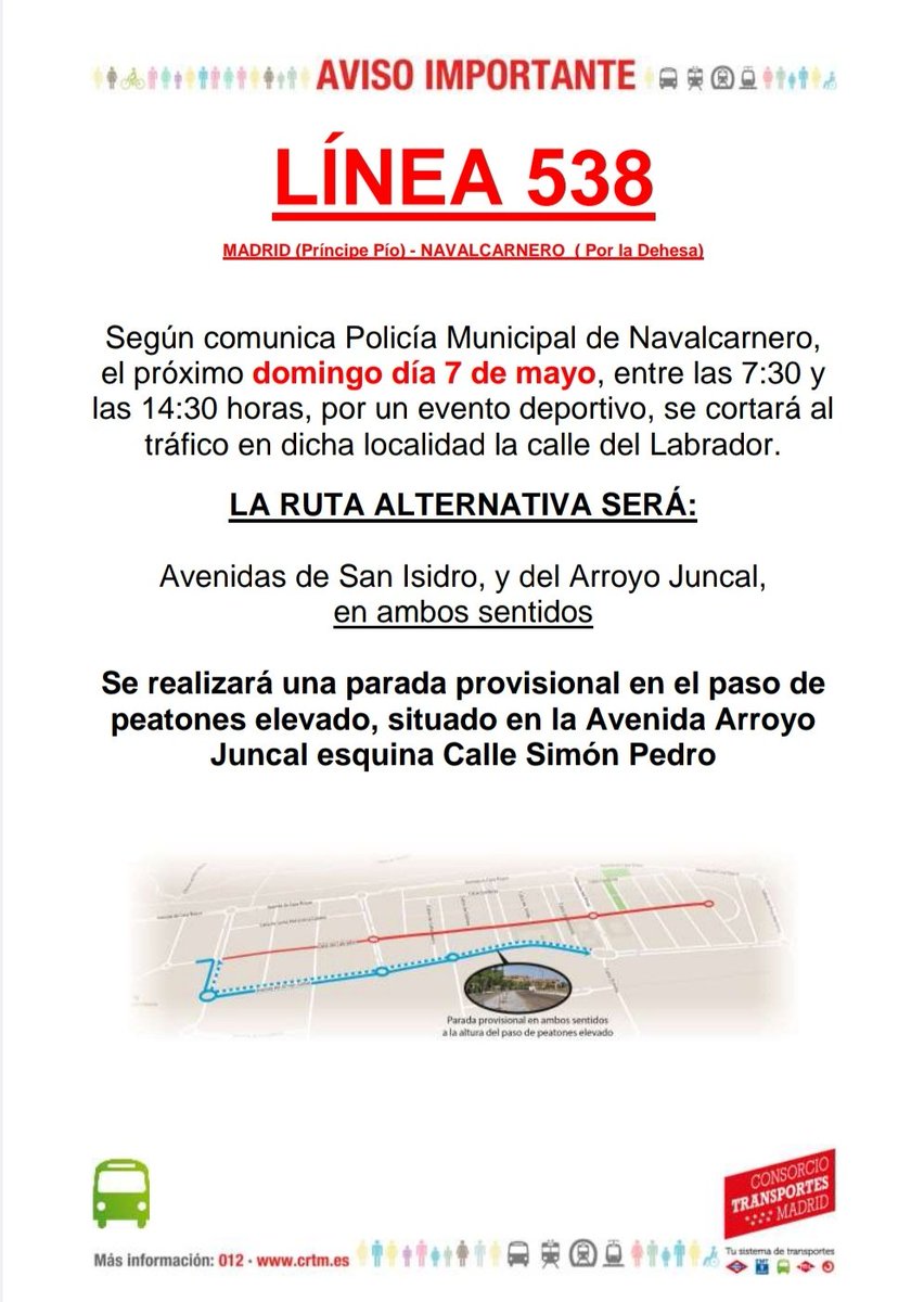 ⚠️ AVISO IMPORTANTE ⚠️

🚍 Con motivo de prueba deportiva este domingo 7 de mayo las líneas 1, 529H y 538 verán afectadas su recorrido por calle labrador, transcurriendo por Av.Arroyo Juncal (7:30-14:30) 

ℹ️ Toda la información ⬇️