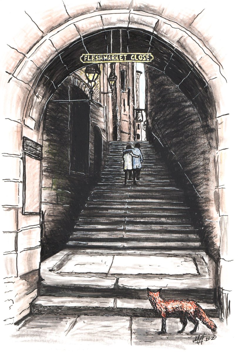 EdinburghFoxInk's tweet photo. #throwbackthursday this week is my ‘Fox at Fleshmarket Close’ where the couple on the steps are oblivious to the little spy. This is one of my personal favourites! available locally and on my Etsy shop. #fleshmarketclose #edinburghclose #closes #edinburgh #localartist #urbanfox https://t.co/WjcAHKhn12