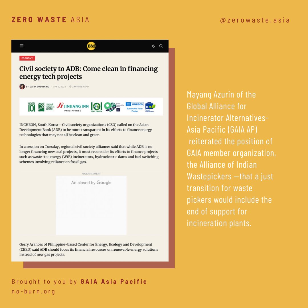 ZeroWasteAsia's tweet photo. GAIA Asia Pacific together with other civil society organizations (CSOs) call on the Asian Development Bank to increase transparency in its financing of energy tech projects. #NoTrashTalkADB #NoTimeToWaste #ProtectionNotPollution #BurnNot  
#ADBAnnualMeeting #ADBIncheon https://t.co/xHnjiopaXJ