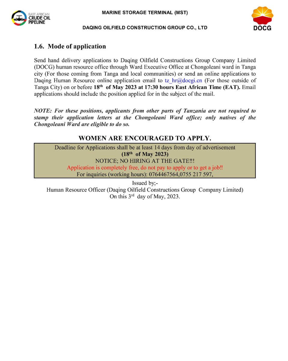 EACOP_'s tweet image. 𝐉𝐎𝐁 𝐎𝐏𝐏𝐎𝐑𝐓𝐔𝐍𝐈𝐓𝐈𝐄𝐒

#EACOP's contractor #DOCG is looking for 10 Masons to work at the Marine Storage Terminal Project (MST) at Chongoleani. #Tanzania

#LocalContent

DETAILS 👉bit.ly/EACOP_DOCG
