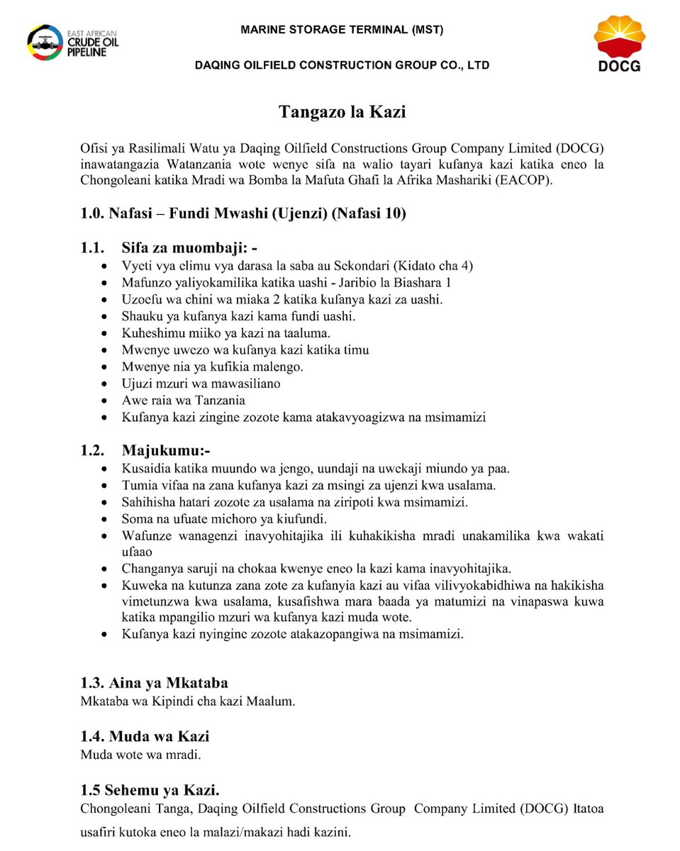 EACOP_'s tweet image. 𝐉𝐎𝐁 𝐎𝐏𝐏𝐎𝐑𝐓𝐔𝐍𝐈𝐓𝐈𝐄𝐒

#EACOP's contractor #DOCG is looking for 10 Masons to work at the Marine Storage Terminal Project (MST) at Chongoleani. #Tanzania

#LocalContent

DETAILS 👉bit.ly/EACOP_DOCG