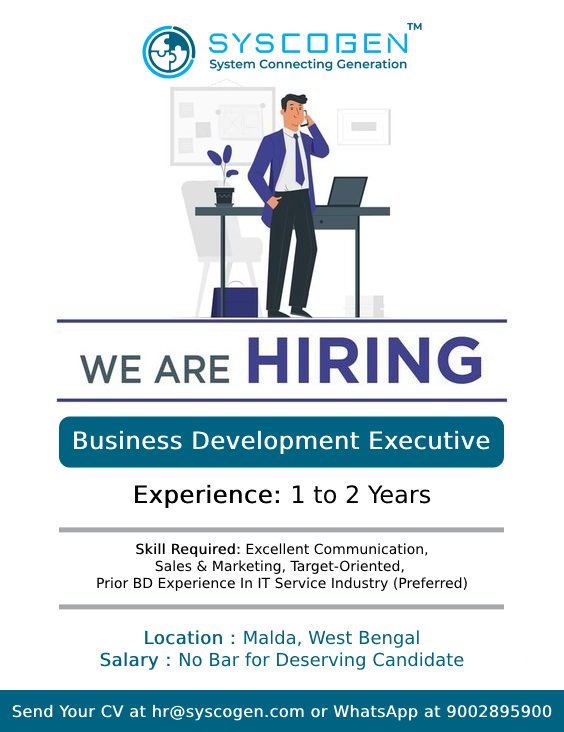 syscogen's tweet image. We&apos;re hiring a #BusinessDevelopmentExecutive with 1-2 years of experience in the #ITServiceIndustry. If you&apos;re ready to take your career to the next level &amp;amp; join a dynamic team, send your resume to hr@syscogen.com.
#SalesAndMarketing #CareerOpportunities #UrgentHiring #syscogen