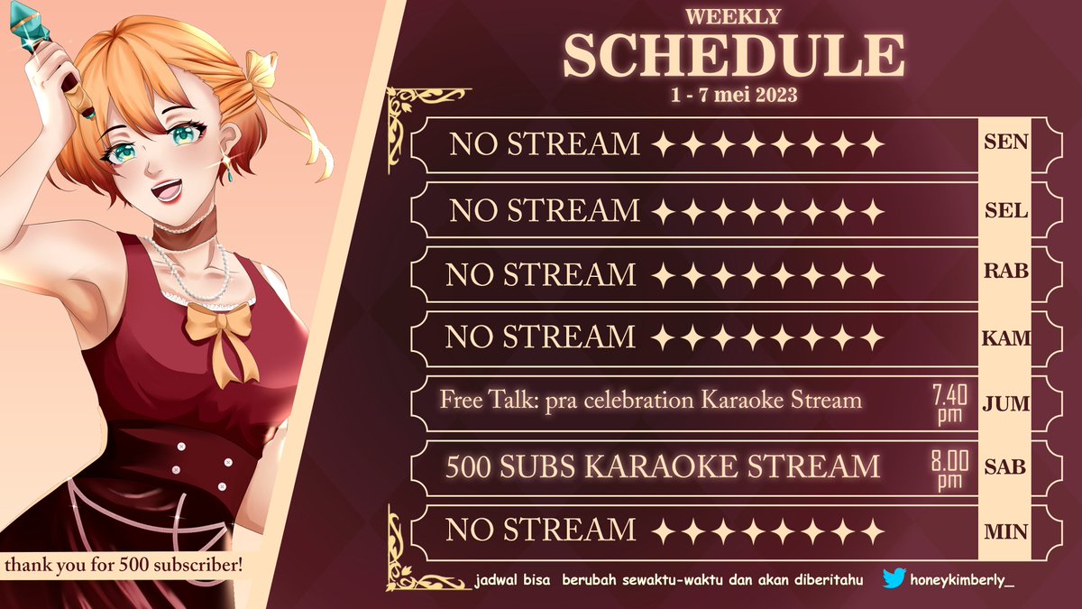 honeykimberly_'s tweet photo. SKEJULNYAA YAAAA
✨📌1 - 7 May GMT +7📌✨
#Kimberlive - live
#Kimovie - nobar
#HoneyKimberly - general
#Kimeme - meme
#Kim_Illust - fanart
#Karaokim - Karaoke
.
Fan name: Kimberjoy
.
#VtuberID #VtuberEN #VTuberUprising https://t.co/hNXulG526x