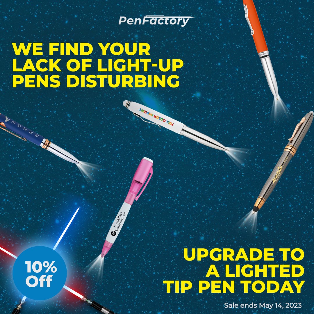 penfactory's tweet photo. Something is on the horizon...its #Maythe4th ! 

Read our blog on this important holiday: https://t.co/jPjbK2uBx9

Visit our 10% off lighted-tip pens sale, use the promocode : 10PPOFF23PF38036: https://t.co/8TwaR8UkKN 

#penfactory #promotionalpens https://t.co/987ZaZTR6S