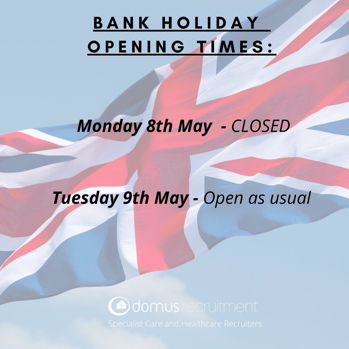 Domusrec's tweet photo. Good morning to all of our network!

Please see below our Bank Holiday opening times...

If you would like to get in touch with us beforehand, we will be here from 8am today to take your calls:

📞01706 827828

We hope you all have a lovely long weekend! 
#kingscoronation https://t.co/wFnRjEvM2a
