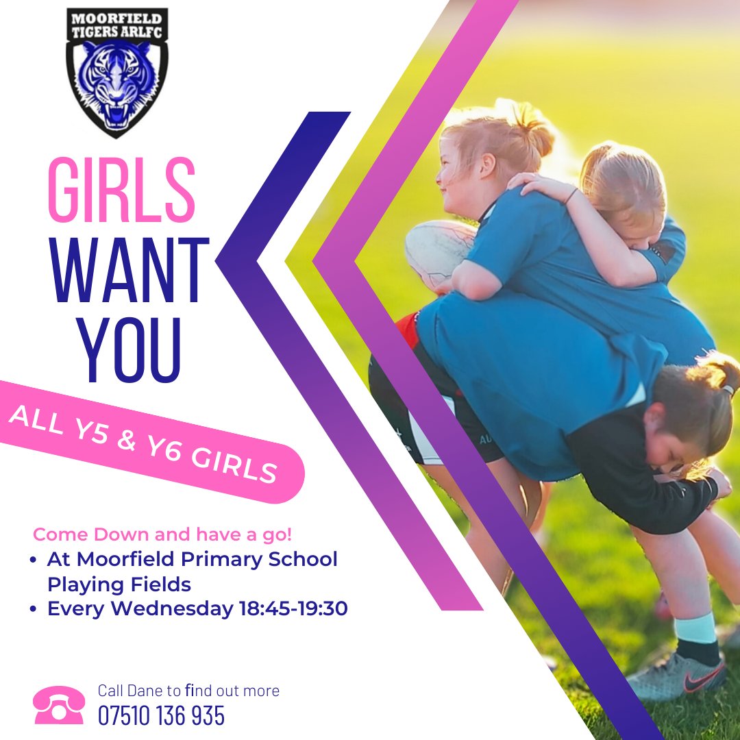 WestfieldPrimar's tweet photo. Widnes Moorfield Tigers ARLFC are specifically looking to build a U11s squad (year 5s &amp; 6s), with an open invite to any girls who would like to explore the sport 🏉#girlsrugby @WFPOak22 @WFPLarch23 https://t.co/ljdWOQqcqo