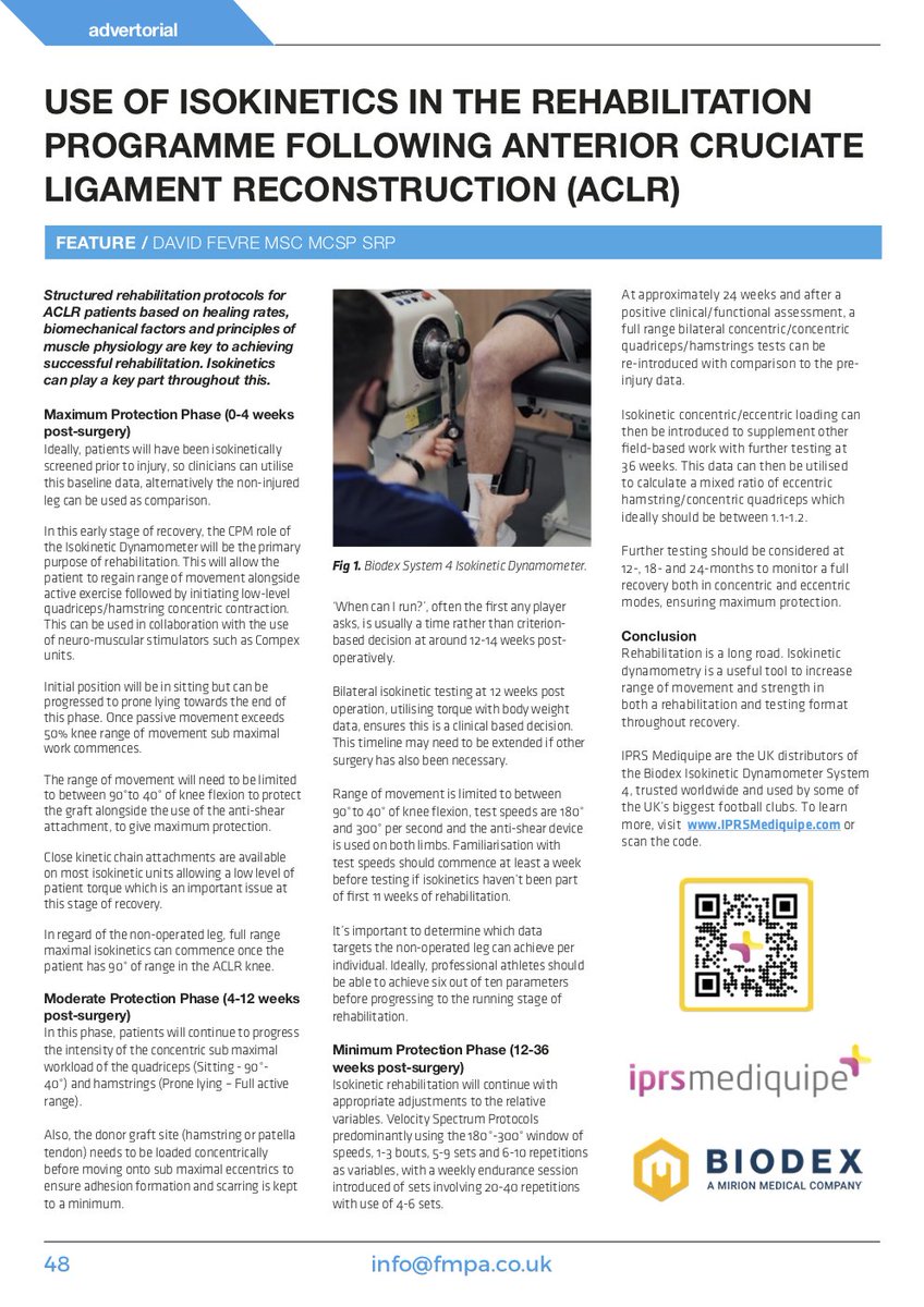 FMPA_Official's tweet photo. USE OF ISOKINETICS IN THE REHABILITATION PROGRAMME FOLLOWING ANTERIOR CRUCIATE LIGAMENT RECONSTRUCTION (ACLR)
Read the full article in Issue 42 of 'football medicine & performance'
https://t.co/fiIauaGm1T
#FMPA #IPRS #IPRSmediquipe #Biodex #Isokinetic #ACLR
@IPRSMediquipe https://t.co/4pbHBr7w9B