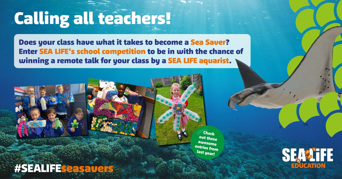 Calling all #teachers! Have you entered our competition? 
Create a piece of ocean-themed art with your class using disposable plastic items and take a photo to submit by 26th May using our online application form - visitsealife.com/uk/schools/sea…