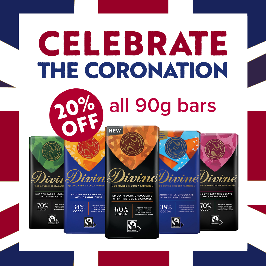 Royal Treat Alert! 👑🍫Celebrate the newly-crowned King with 20% off our delicious sharing bars on the Divine webshop. Gather your family, friends, and neighbours for a fun-filled chocolaty celebration. #KingsCoronation #Fairtrade #BCorp #chocolate ow.ly/VxL450Oc2G6