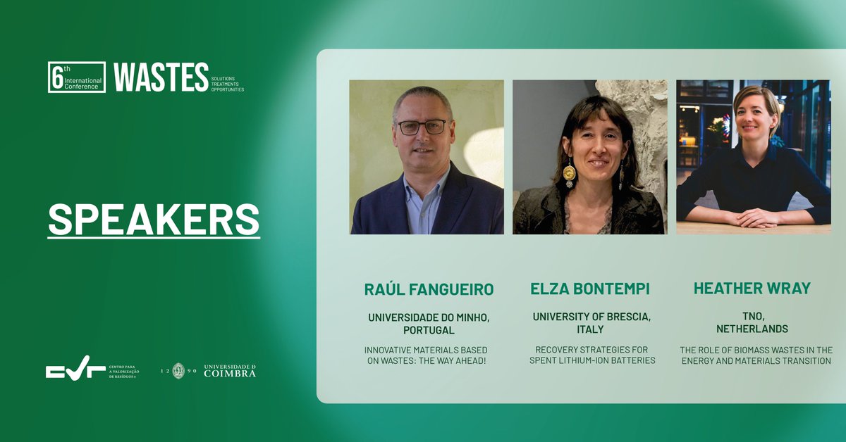 📆 It's almost there! From 6th to 8th of September, the University of Coimbra will host the 6th edition of Wastes: Solutions, Treatments and Opportunities.

➡️ Raúl Fangueiro, Elza Bontempi, and Heather Wray are the confirmed speakers.  

Learn more at wastes2023.org.