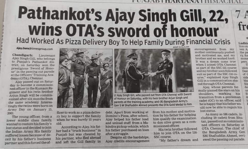 This is the story of Lt Ajay Singh Gill. His father was cheated by his business partner and young Ajay had to work as a pizza delivery boy to make ends meet and help his family in their financial crisis. He endured tremendous odds.

With immense hard work and the blessings of his
