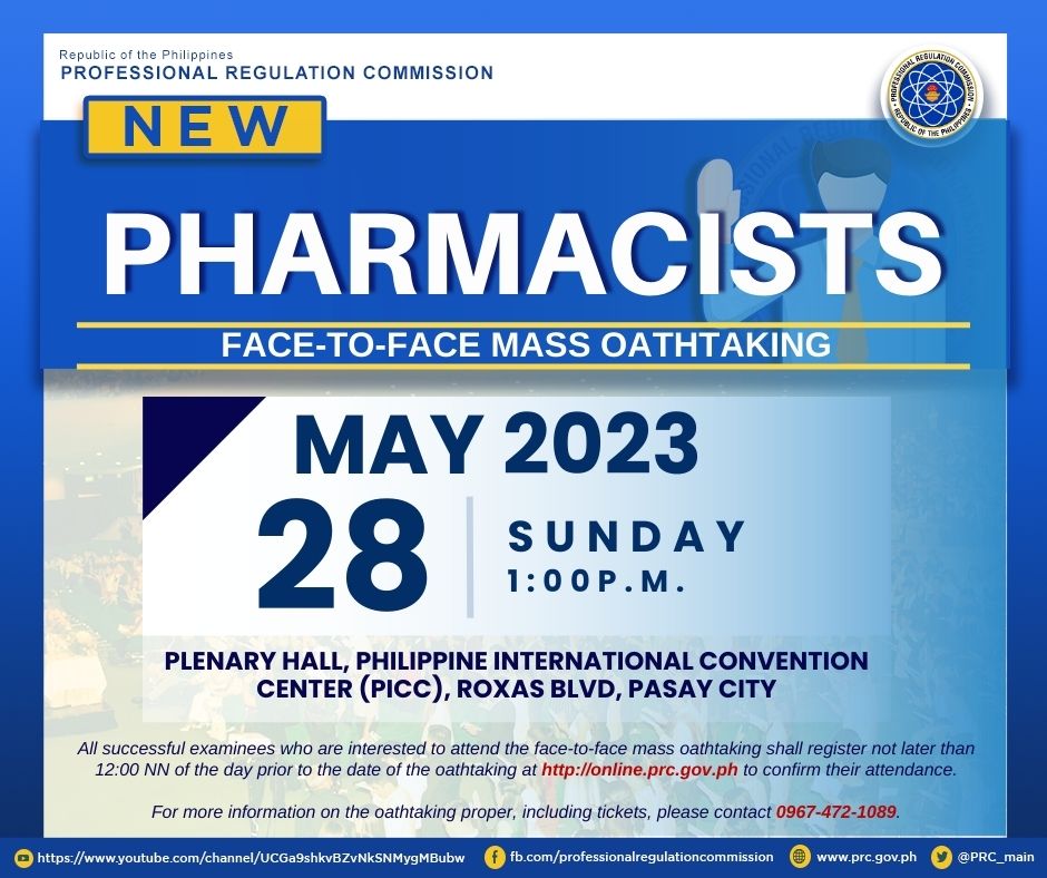 PRC_main's tweet photo. Face-To-Face Oathtaking Of The New Pharmacists at PICC on May 28, 2023

For full announcement, please click this link: https://t.co/xQcCSvcjsT https://t.co/oMoojMP45v
