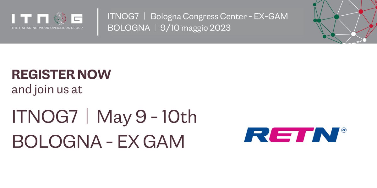 <a href="/ITNOG_IT/">ITNOG</a> Olena Lutsenko and Milko Ilari from RETN, will be sharing insights and ideas on solving the challenges that come with keeping networks running smoothly. See you there!
#ITNOG7 #community #italia #internet #peering #network #IXP