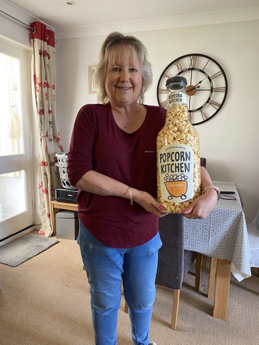 Our April Twitter winner with her Simply Sweet Giant MoneyBox Popcorn Bottle 🥳🍿 Judith has very kindly given her prize to her daughter and grandchildren to enjoy 💛
