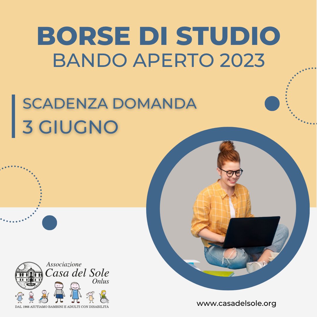 #bandoaperto2023 #borsedistudio 
BANDO APERTO BORSE DI STUDIO 2023
⭕️scadenza domanda 3 giugno
⭕️borsa di 12.000€
⭕️selezione settembre - 11 mesi
⭕️20 borse disponibili

⚠️ qui il bando, con regolamento e domanda di partecipazione
casadelsole.org/news/nuovo-ban…