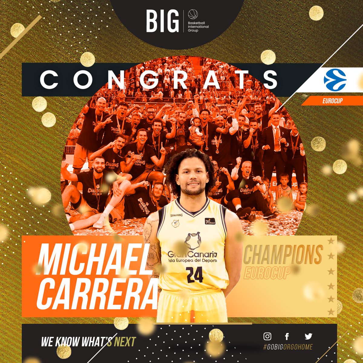 BIG_Iberia's tweet photo. 🎉 #Champions @EuroCup 

Queremos felicitar a @GranCanariaCB y, en especial, a @24MCarrera por el título de Eurocup. 

El club claretiano se proclama por primera vez en su historia campeón de la Eurocup 👏🏼👏🏼

#BIG #spain #europe #basketball #weknowwhatisnext https://t.co/yKSZD9NUXP