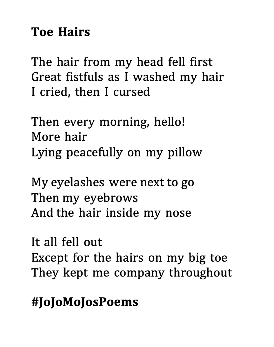 There's no two ways about it, chemo sucks. #chemosucks #toehairs #hairloss #chemo #cancer #poemsaboutcancer #breastcancer #cancerresearchuk #breastcancernow #poetryaboutbreastcancer #poetryaboutcancer #poemsaboutchemo #poetryaboutchemo #jojomojospoems #poetry #poem #poems