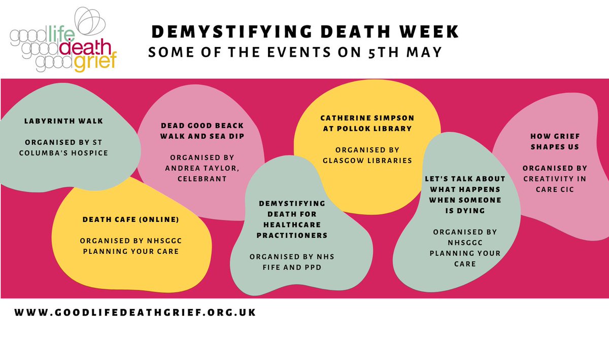 See below for more Demystifying Death Week events happening tomorrow @StColumbas @and_fife @creativitycare @GlasgowLib @cath_simpson13 @NHSGGC_ACP, and @PUDaisiesScot's book tour stops in Edinburgh! #DemystifyDeath
Find out more here:
goodlifedeathgrief.org.uk/blogs/demystif…