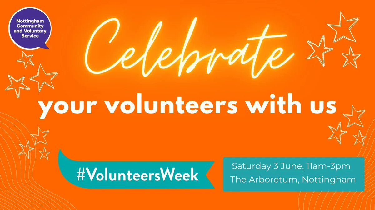 Join us this #VolunteersWeek for Nottingham's biggest and best volunteer celebration in years! 🥳🎉  

📅 Saturday 3 June 2023, 11am to 3pm in Nottingham's Arboretum. 

Organisations can book a stall now, visit buff.ly/41STOxu 

@NCVOvolunteers 
@MyNottingham 
@NAVCA