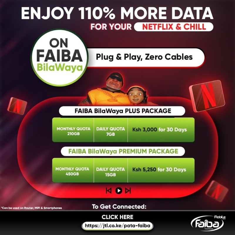 FaibaMobile's tweet photo. Enjoy 110% more Data on Faiba Bila Waya!

To get connected,

1. Click https://t.co/zxuNVU6F2L
2. Fill &amp; submit your details
3. Our agent will come to register you.