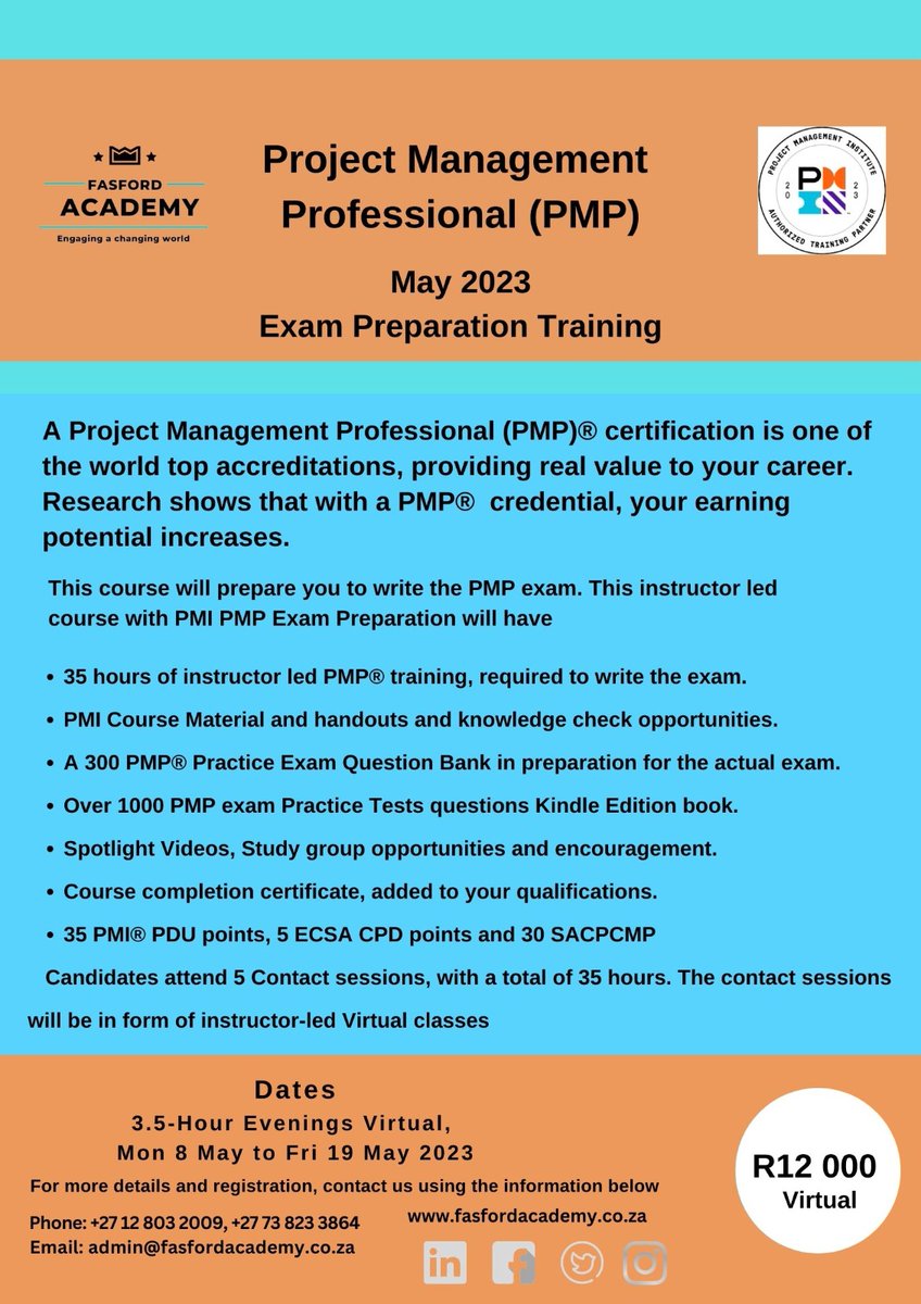 Mark your calendars for the PMP Exam Prep Training between May 08-19, 2023. Don't miss out!

Our PMP Certification Prep students have free access to the PMP Exam Simulator, which includes over 1000 practice questions.

Registration is ongoing at  lnkd.in/dsE9hy3D.

#pmp