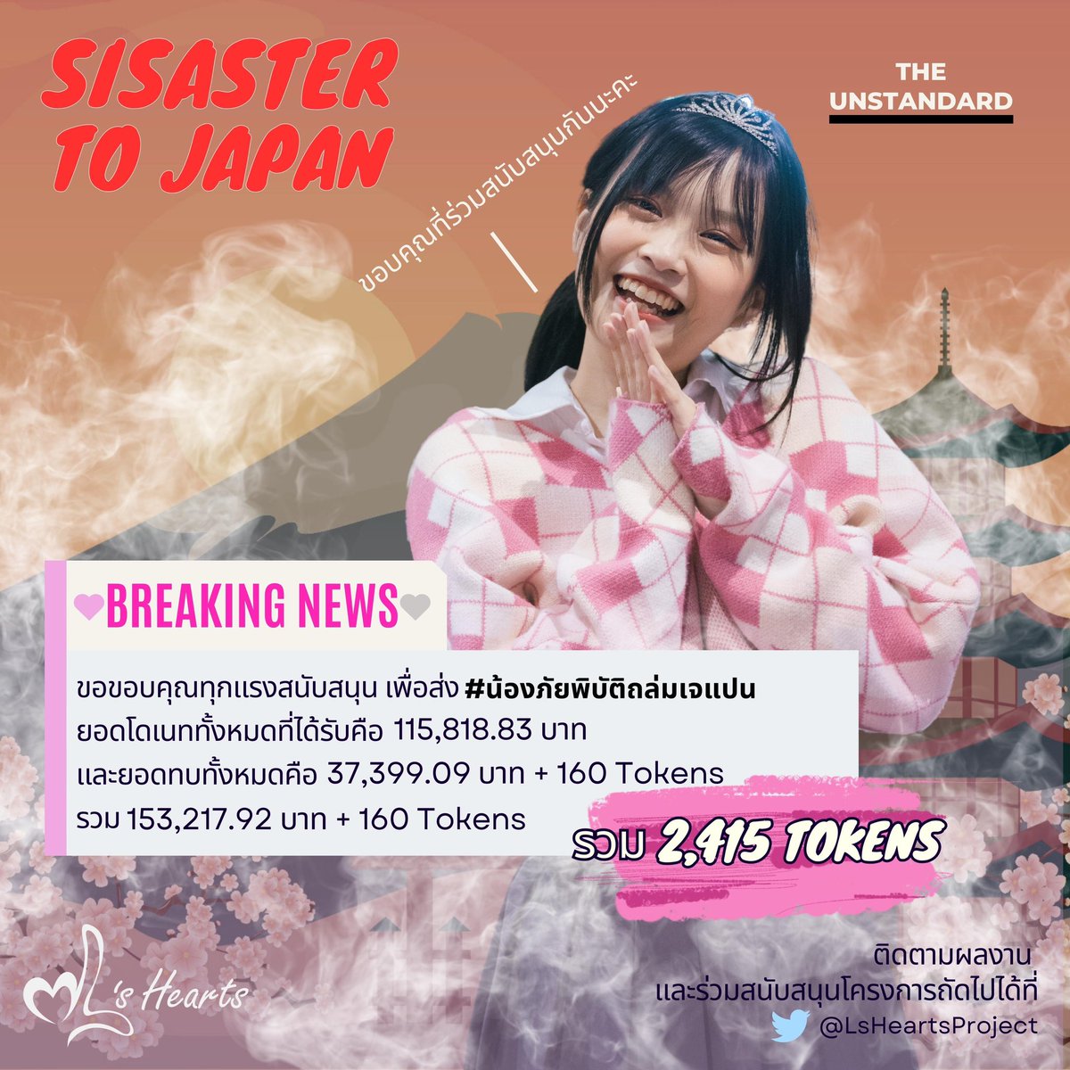 LsHeartsProject's tweet photo. ☄️𝐒𝐢𝐬𝐚𝐬𝐭𝐞𝐫 𝐭𝐨 𝐉𝐚𝐩𝐚𝐧🇯🇵

💵สรุปยอดจากโปรเจกต์ทั้งสิ้น 115,818.83 บาท💵

ยอดทบ 37,399.09 บาท + 160 Tokens

🔥คิดเป็น 2,415 Tokens🔥

🙏ขอขอบคุณทุกกำลังสนับสนุนของเพื่อนๆพี่ๆที่รักน้องแอลทุกคนนะครับ🙏

🩷ไว้ร่วมมือร่วมใจกันใหม่นะ รัก🩶

#LBNK48 #น้องภัยพิบัติถล่มเจแปน https://t.co/OROFyuZWxn