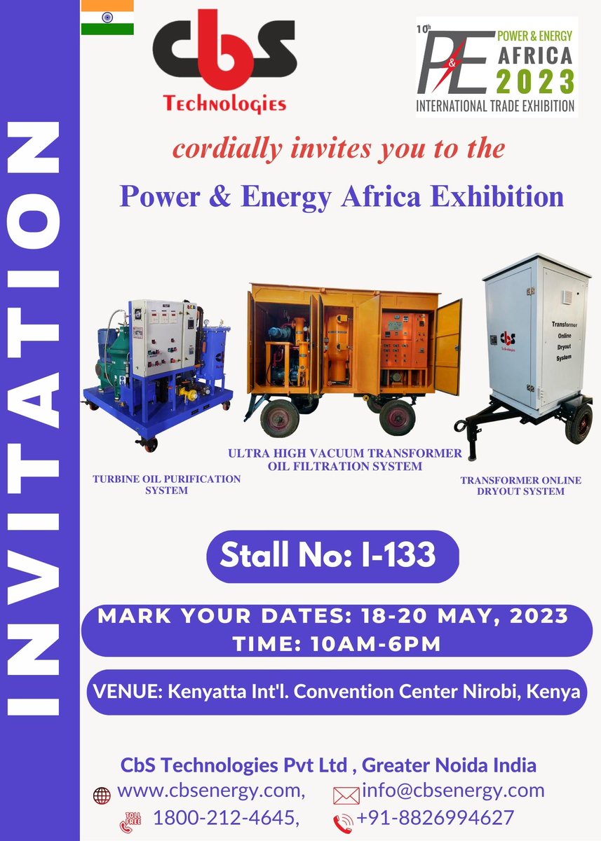 CbS_Energy's tweet photo. CbS is exhibiting in Kenya Africa (Global exhibition for Power &amp; Energy)
18-20 May 2023.
https://t.co/qBI92qm2nA
info@cbsenergy.com
Call us +91-8826994627
Toll free -1800-212-4645
#GlobalExhibition #india #Africa #Electrials #Oilfiltrationexperts #powerandenergy
#exhibition https://t.co/xMBb0dOyzF