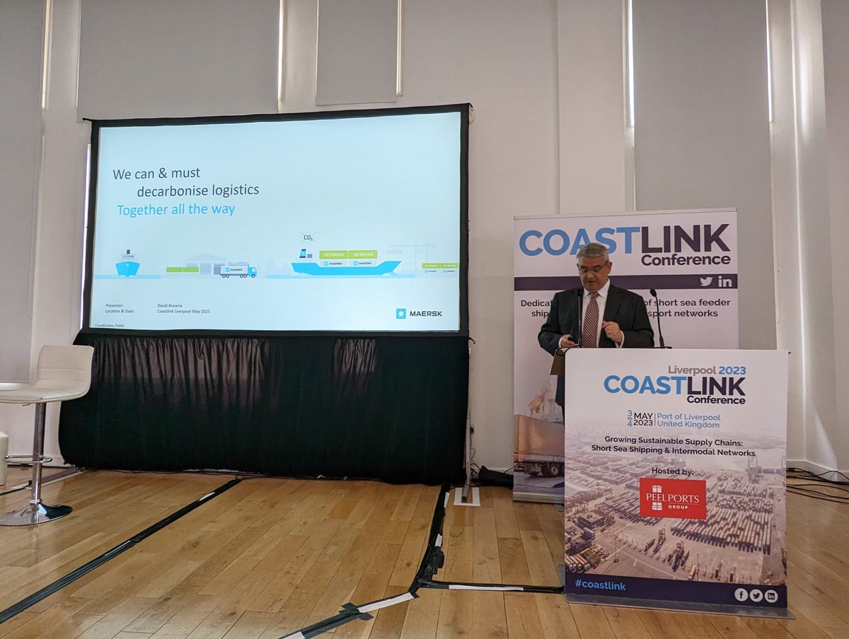 Coastlinkconf's tweet photo. LIVE | Kicking off day two, David Browne of Maersk dives into the shipping company’s 2040 #netzero targets, specifically aligning with the SBTi 1.5°C pathway, meaning in order to limit global warming to 1.5°, annual #emissions need to be halved by 2030. #Coastlink https://t.co/aQWQEB1oqW