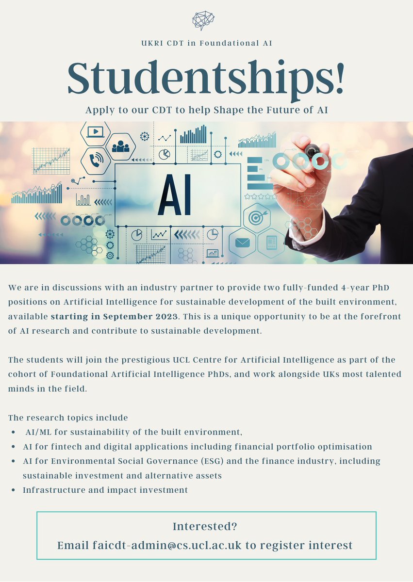 UKRI CDT in Foundational AI (@faicdt1) on Twitter photo We have two potential HOME studentships in the Sustainable AI and AI for the built environment. If you are interested in applying or being considered for these - please do get in touch asap. Please share this post <a href="/TomasoAste/">Tomaso Aste</a>
#ai #studentships #LoveUCL #sustainableAI We have two potential HOME studentships in the Sustainable AI and AI for the built environment. If you are interested in applying or being considered for these - please do get in touch asap. Please share this post <a href="/TomasoAste/">Tomaso Aste</a>
#ai #studentships #LoveUCL #sustainableAI