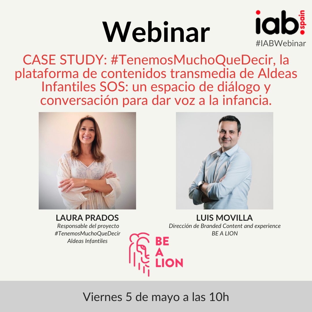 Descubre mañana a las 10:00h cómo <a href="/BeaLion_com/">BE A LION</a> consiguió impulsar el posicionamiento y relevancia de <a href="/AldeasEspana/">Aldeas Infantiles ES</a> mediante #TenemosMuchoQueDecir, un espacio de diálogo para dar voz a la infancia.   

Apúntate🔗iabspain.es/eventos/case-s…

#contenidos #transmedia #IABwebinar