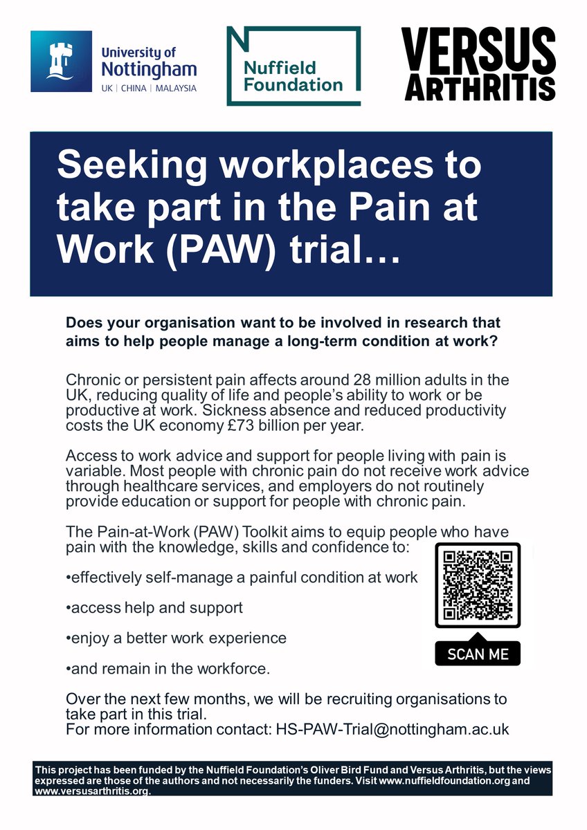 WendyJChaplin's tweet photo. Do you have chronic or persistent pain ? Would your workplace like to get involved in our  trial #research ? #ChronicPain  #Wellbeing  #Workplace.  Please get in touch. @UoNresearch https://t.co/edhAcSbXgr