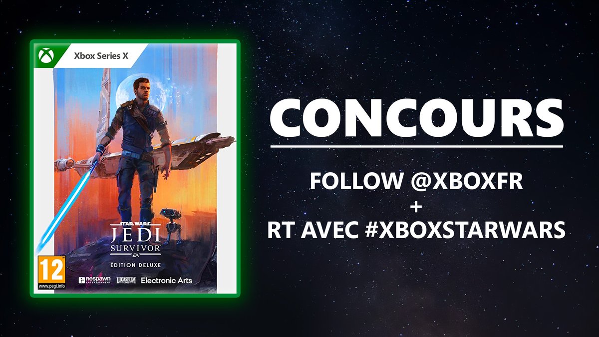 XboxFR's tweet photo. Bon #StarWarsDay à tous et #MayThe4thBeWithYou 🌌☄️
  
À cette occasion, on vous fait gagner des codes du jeu STAR WARS Jedi: Survivor™ Édition Deluxe !

Pour participer :
➡️ Follow @XboxFR
➡️ RT ce tweet avec #XboxStarWars https://t.co/pQ92qfmLq0