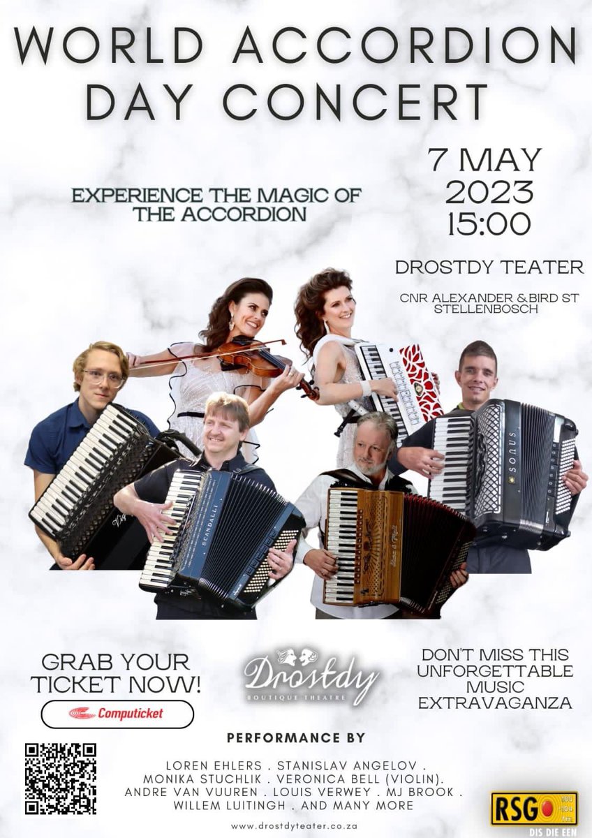 Follow this link to book #WorldAccordionDay Concert 
7 May (Sunday)
3PM
<a href="/DrostdyTeater/">Drostdy Teater</a>, #stellenboschuniversity 
tickets.computicket.com/event/world_ac…
<a href="/SoundsofSA/">Soundscapes of SA</a> <a href="/AccordionNoir/">Accordion Noir</a> <a href="/RestaurantsinSA/">Restaurants South Africa</a> <a href="/Winelands/">Marlize Stander</a> <a href="/KronendalA/">Kronendal Music Academy</a> <a href="/FineMusicRadio/">FineMusicRadio</a> @RHB936fm <a href="/CT_MusicAcademy/">Cape Town Music Academy</a>