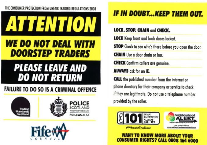 ⚠️Worried that a neighbour or relative may answer the door to a rogue trader? Request a door or window sticker that tells uninvited callers to stay away.   
Contact👉trading.standards@fife.gov.uk 
#ShutOutScammers