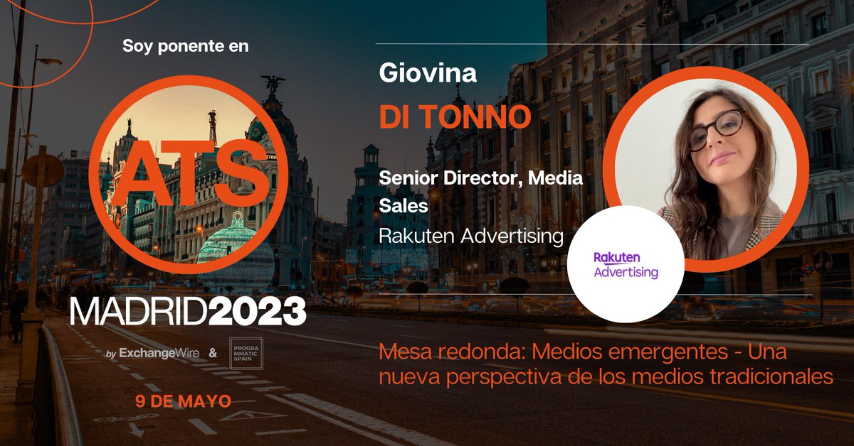 rakutenadvert's tweet photo. 🇪🇸 ¡Estamos felices de anunciar que Giovina Di Tonno, nuestra Senior Director, hablará en ATS Madrid el 9 de mayo! Consigue tu entrada aquí: https://t.co/rdvhKfUx8J
#ATSM23 https://t.co/JwkTFd0NrH