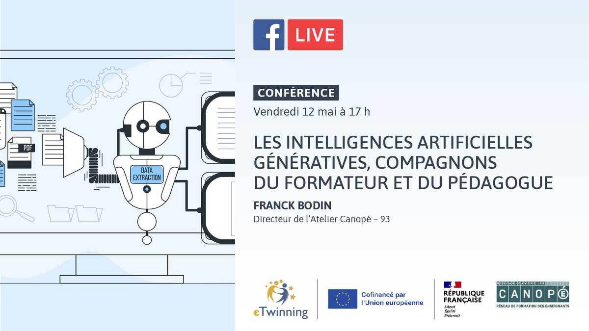 ⚡À ne pas manquer !
Pour l’ouverture de la conférence nationale <a href="/eTwinningFrance/">eTwinning France</a> 2023, @franckbodin  donnera une conférence en direct sur Facebook.
"Les #intelligencesartificielles génératives, compagnons du formateur et du pédagogue"
📆Le 12 mai à 17h 
facebook.com/events/7758385…