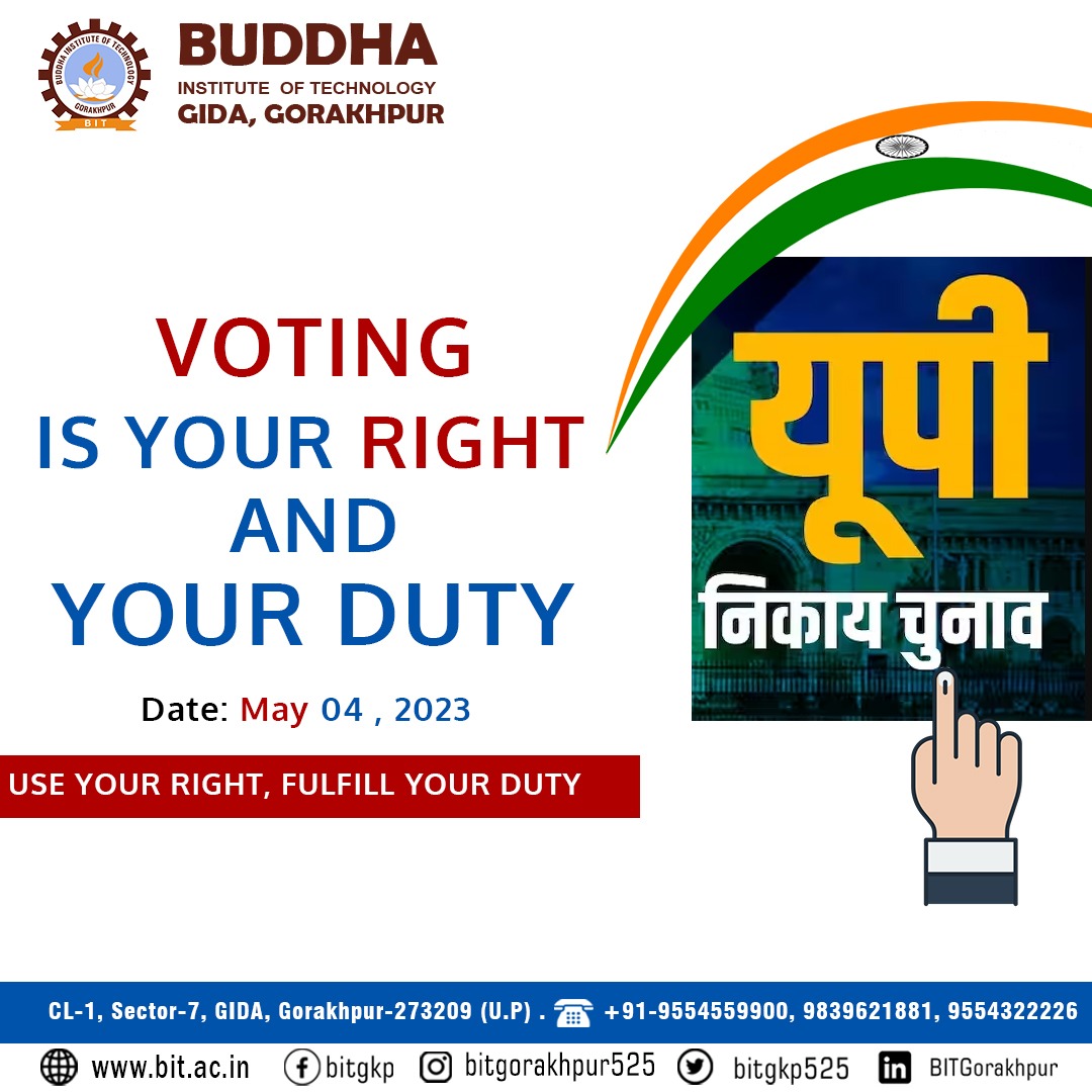 bitgkp525's tweet image. चुनाव है लोकतंत्र की शान, वोट देकर करो इसका सम्मान।
May 4, 2023

Buddha Institute of Technology
Contact Us :
+91-9554559900,+91-9839621881,+91-9554322226
Visit Us :
bit.ac.in
CL-1, Sector 7, GIDA, Gorakhpur, India, Uttar Pradesh
.
.
#voting #votingday #upvoting